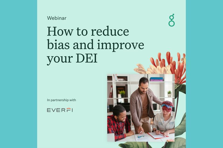 Graphic that shows three people collaborating on a project, with one person standing up and the other two looking at a graph on a desk.