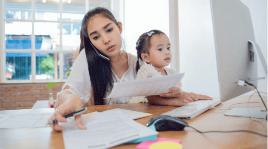 Mother working from home